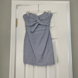 Blue and white striped strapless mini dress.